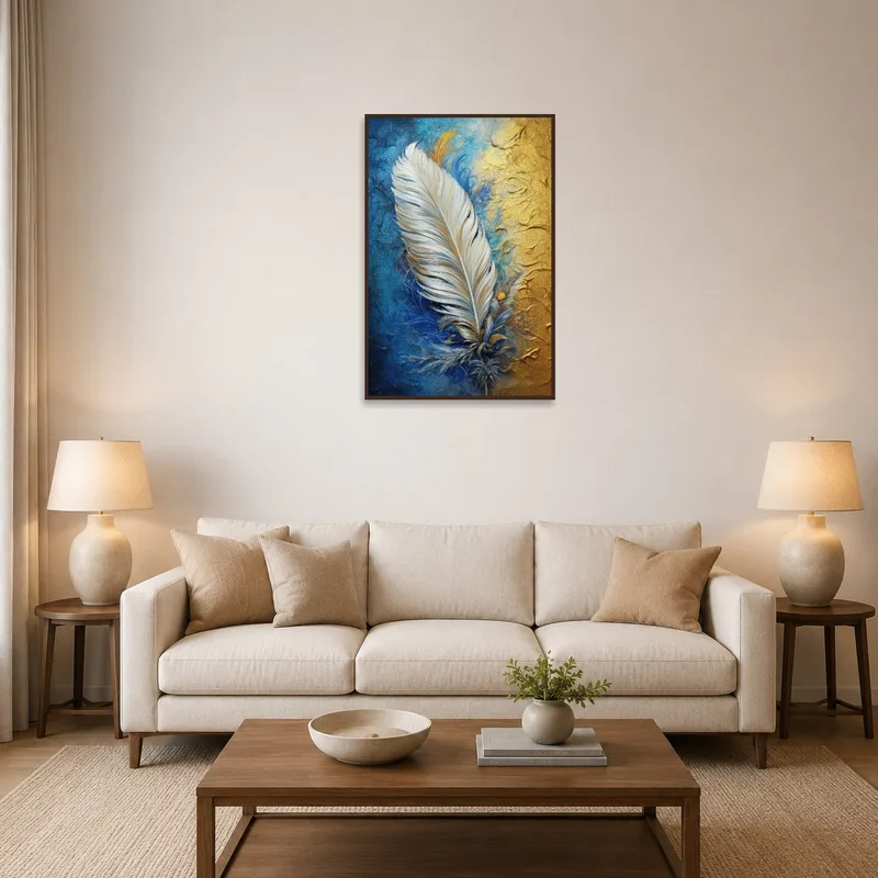 Elegant feather artwork with blue and gold textures displayed above a modern sofa.