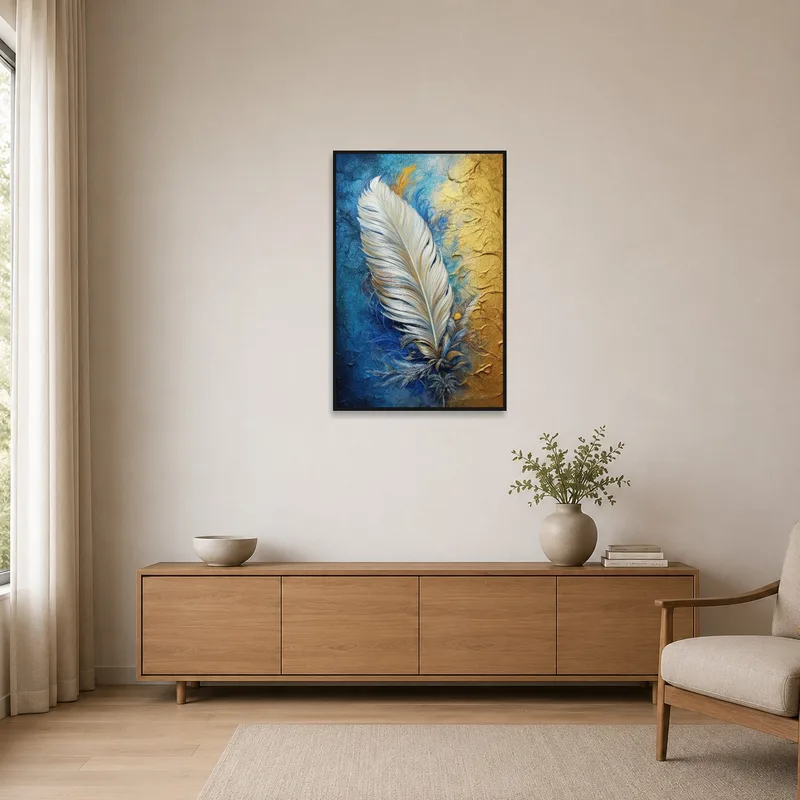 Feather artwork adds subtle flair against a white wall in the minimalist room.