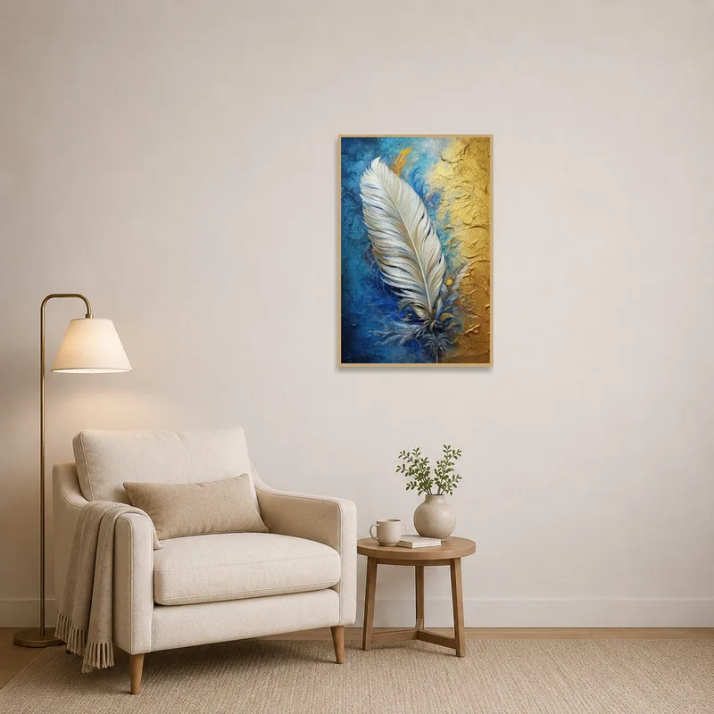 Elegant feather piece enhances the cozy atmosphere of the reading corner.
