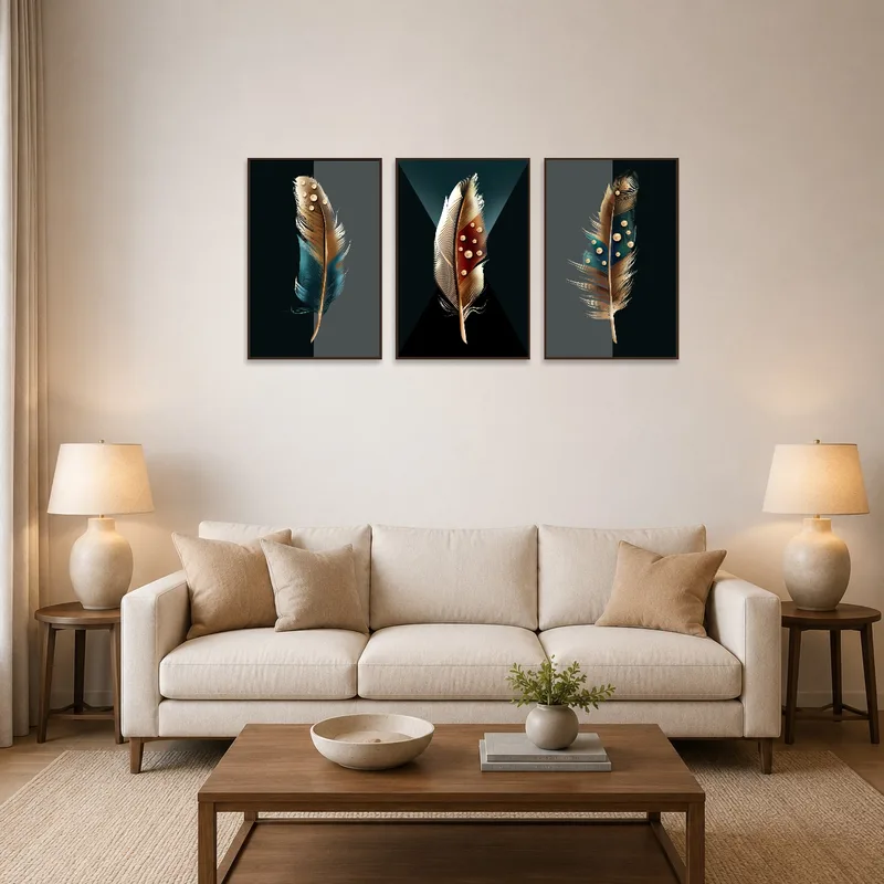 Triptych of feathers with jewel accents on a living room wall above a modern couch.