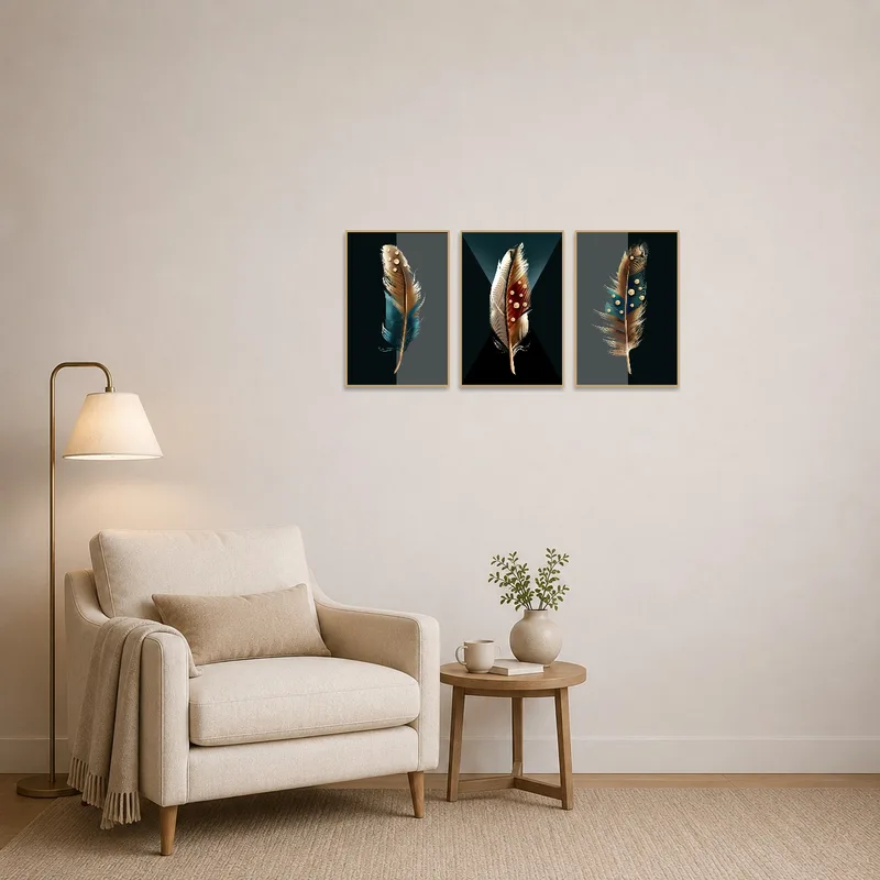 Cozy reading corner adorned with a triptych of feathers with jewel elements.