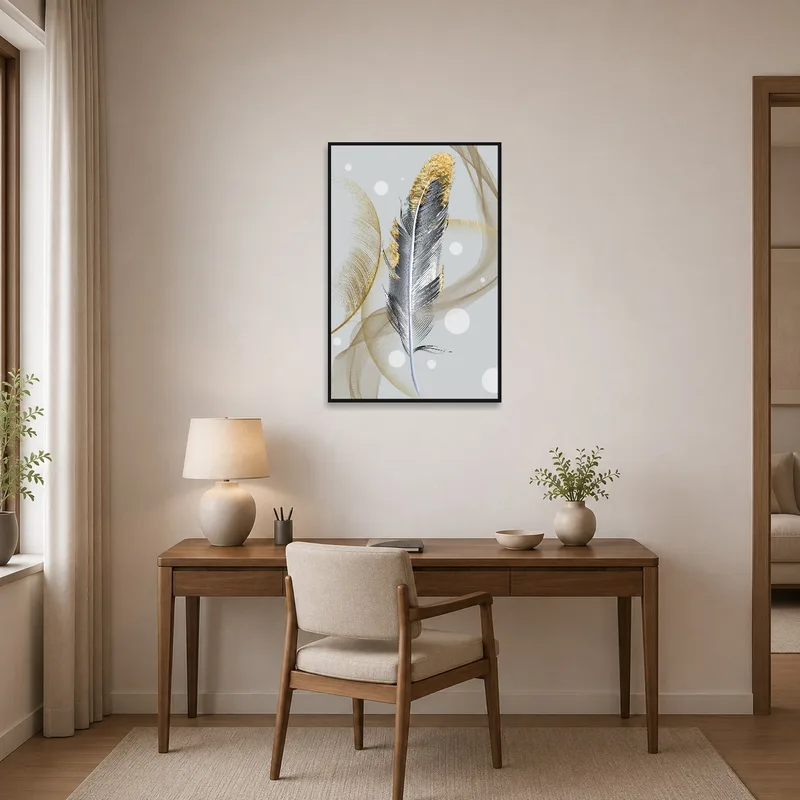 A home office adorned with a feather art piece with abstract golden details.