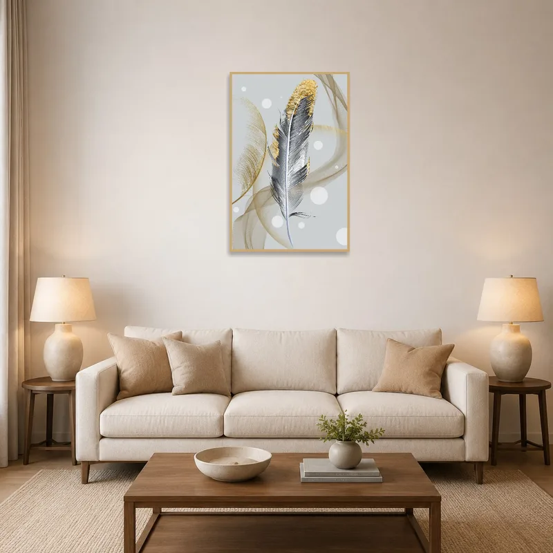 A living room featuring a feather artwork with abstract gold accents on the wall.