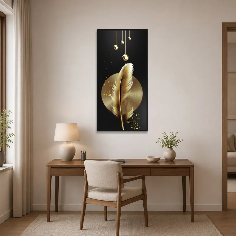 Home office wall featuring an art print of a feather with gold accents over the desk.