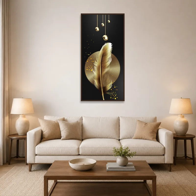 Art print of a feather with gold accents on a living room wall above a modern sofa.