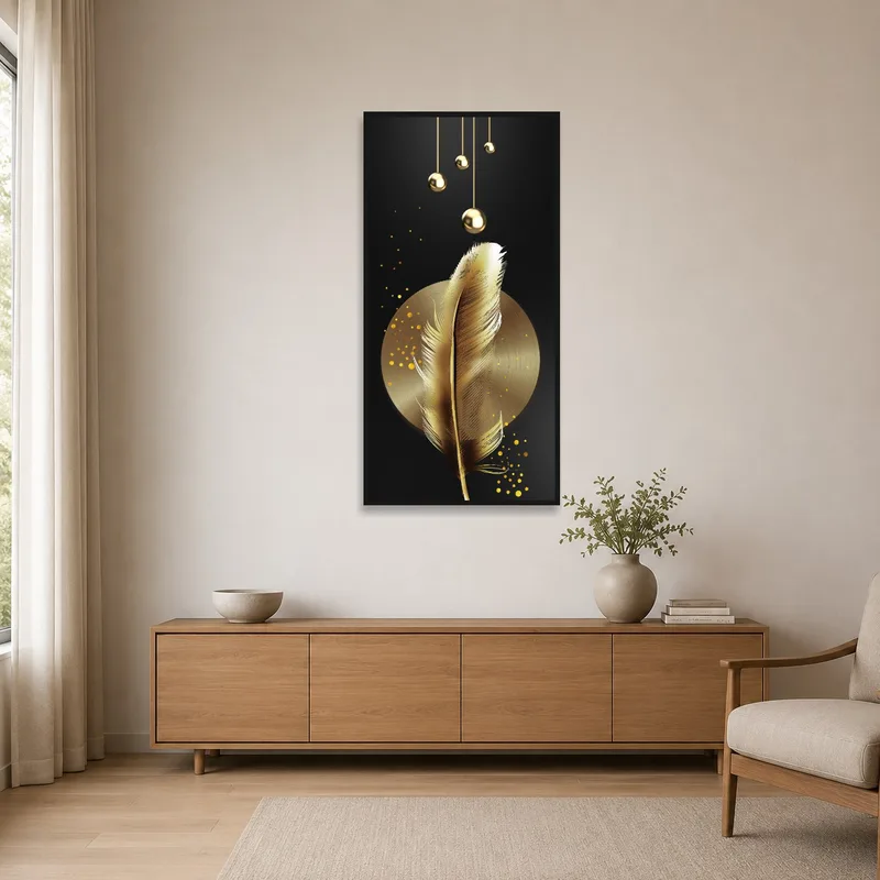 A minimalist room featuring a feather art print with gold accents against a white wall.