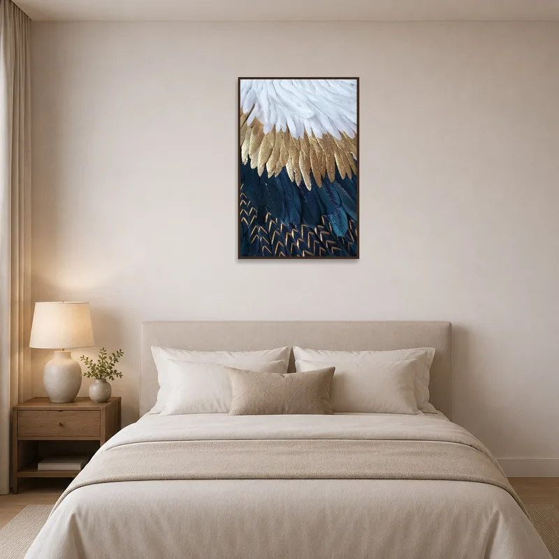 Bedroom wall showcasing an elegant feathers art print, contributing to a serene atmosphere.