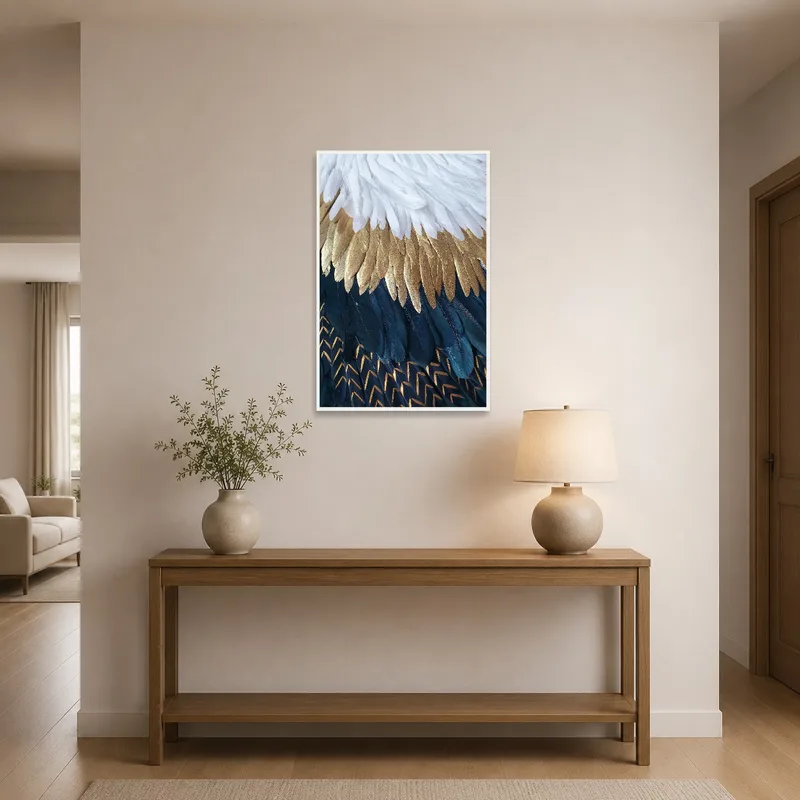 Entrance hall adorned with an elegant feathers art print, offering a welcoming vibe.
