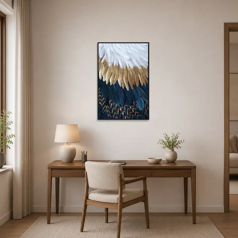 Home office space uplifted by an elegant feathers art print, inspiring creativity.