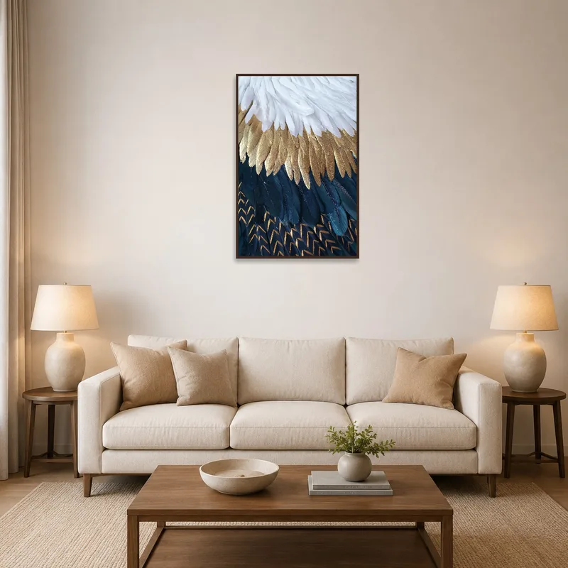 Elegant feathers art print on a living room wall, adding a touch of sophistication.