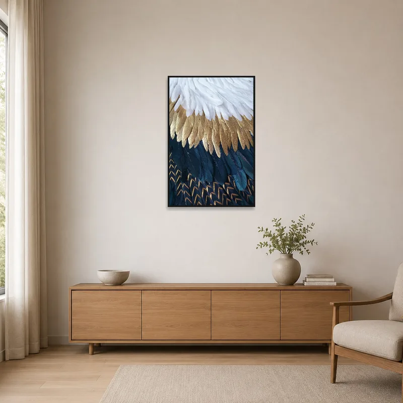 Minimalist room featuring a subtle elegant feathers art print with clean lines.