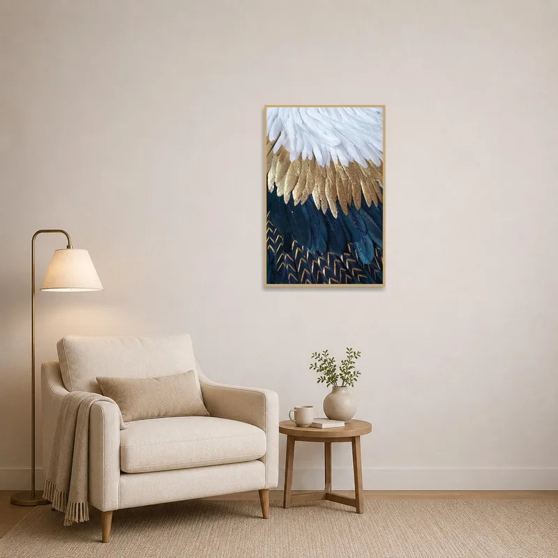 Reading corner enhanced by an elegant feathers art print, creating a peaceful ambiance.