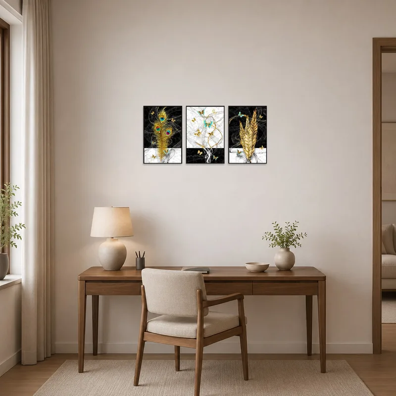 Feathers and butterflies art set bringing elegance to a home office.