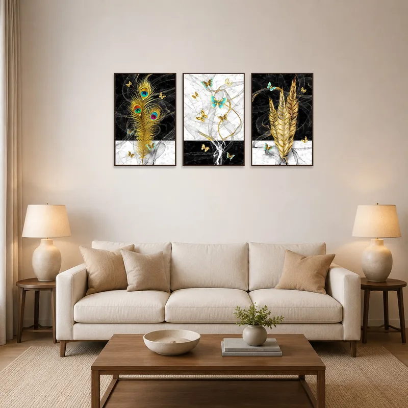 Art set with feathers and butterflies in a stylish living room setting.