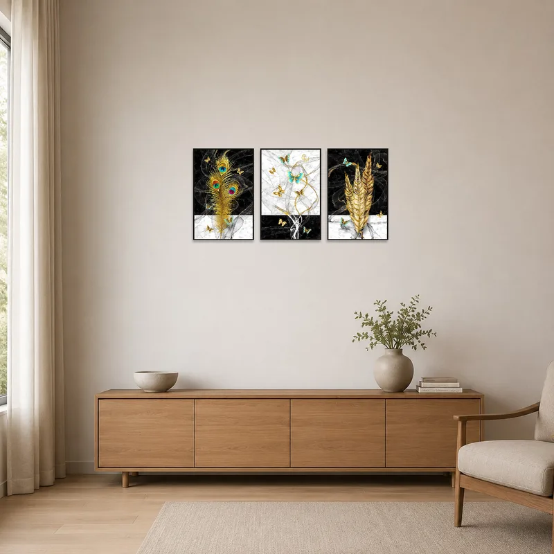 Feathers and butterflies art set in a minimalist room with clean lines.