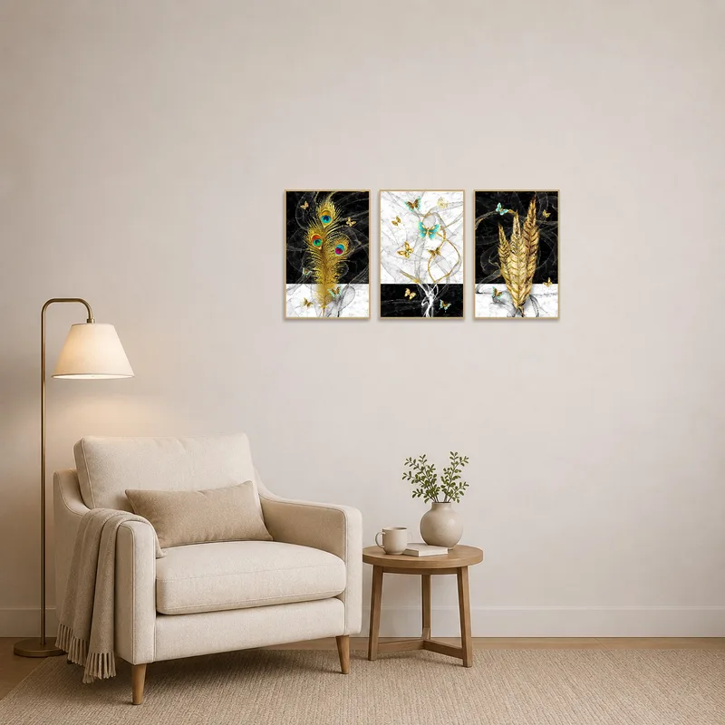 Cozy reading corner showcasing feathers and butterflies art set.