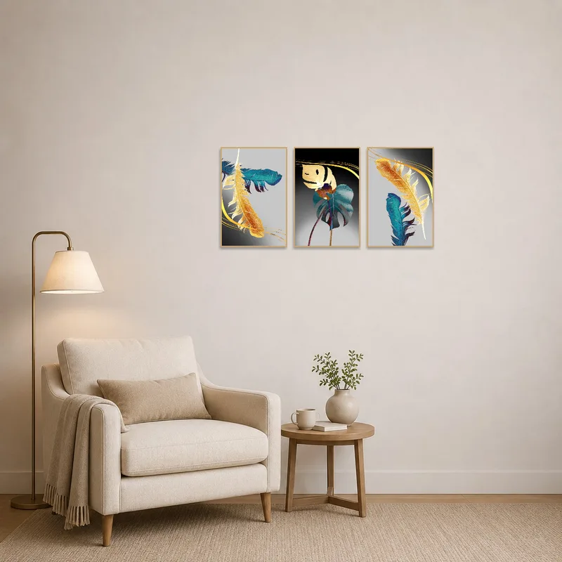 The art set of feathers and leaves elevates a cozy reading corner.