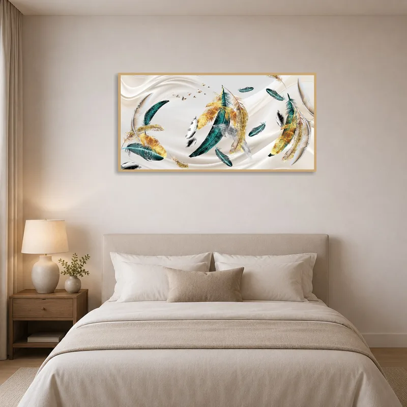 Panoramic feather print enhances the tranquility of a bedroom.