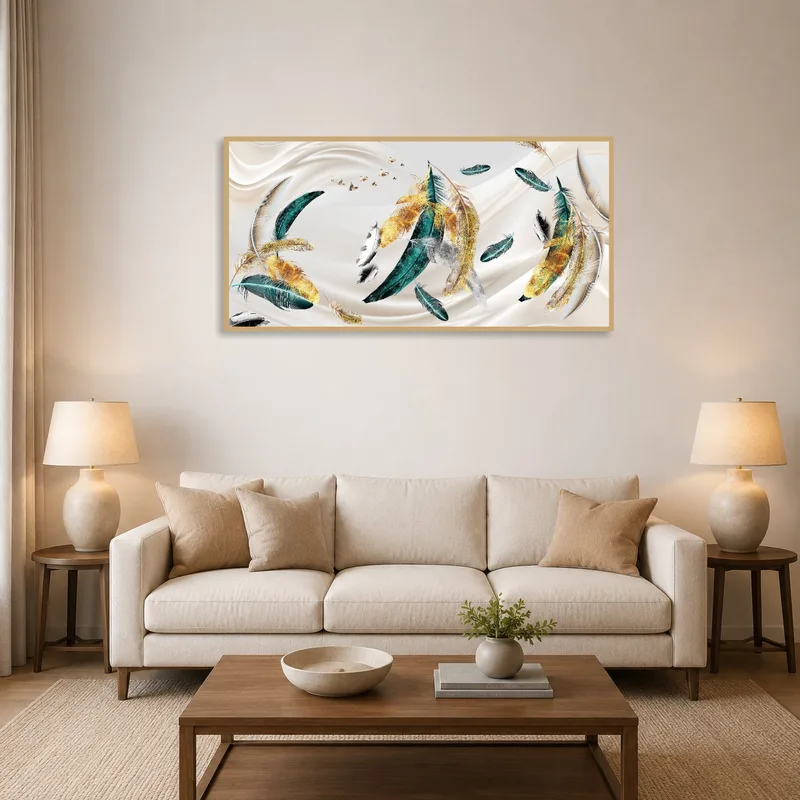 A panoramic art of flowing feathers adds elegance to a cozy living room wall.