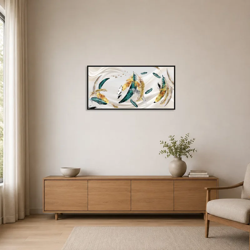 Elegant feather art print brings dynamic motion to a minimalist space.