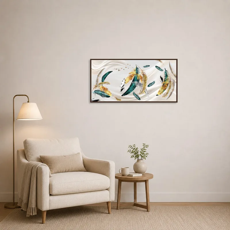 Feathers in motion art complements a serene reading corner.