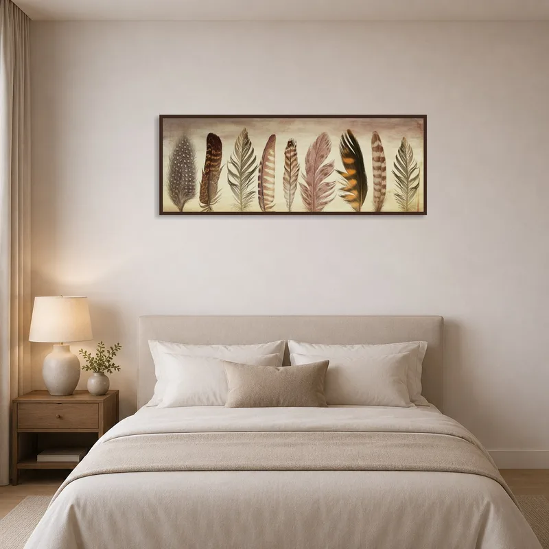 Elegant feathers art print hangs elegantly above a bed in a peaceful bedroom setting.