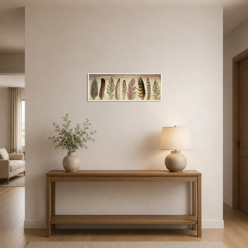 Elegant feathers print adorns an entrance hall, adding a touch of sophistication.