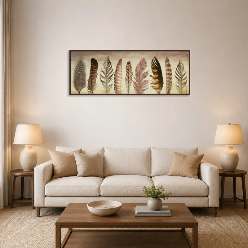 Panoramic print of elegant feathers on a living room wall above a modern sofa.