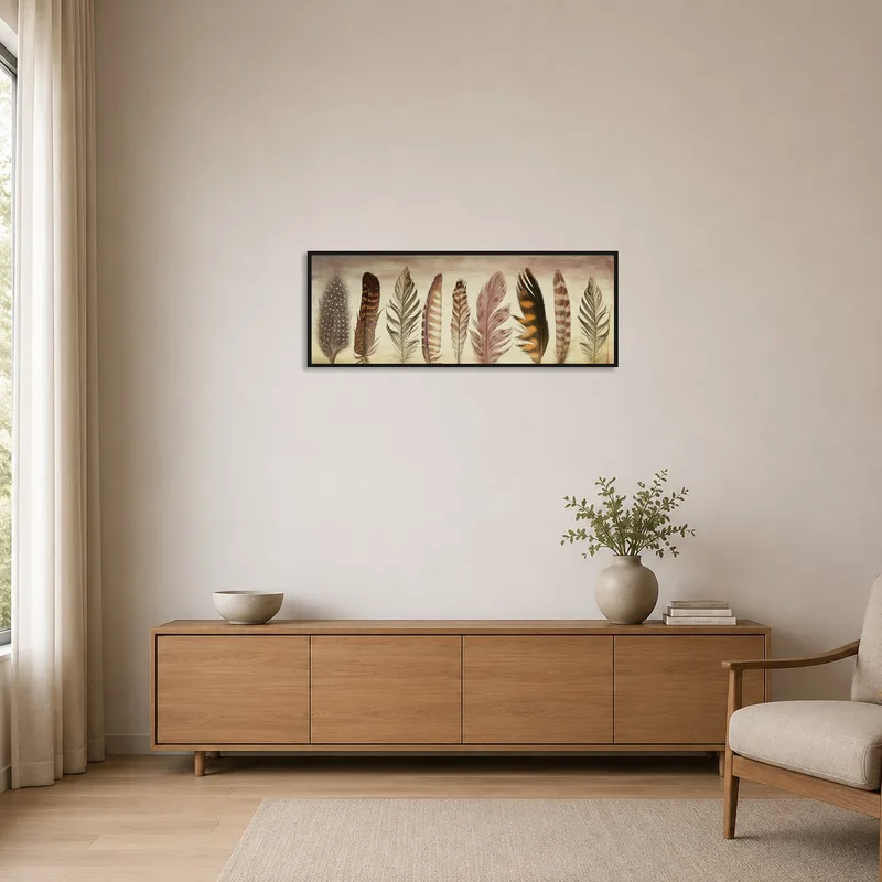 Artwork of elegant feathers enhances a minimalist room with clean lines and neutral tones.
