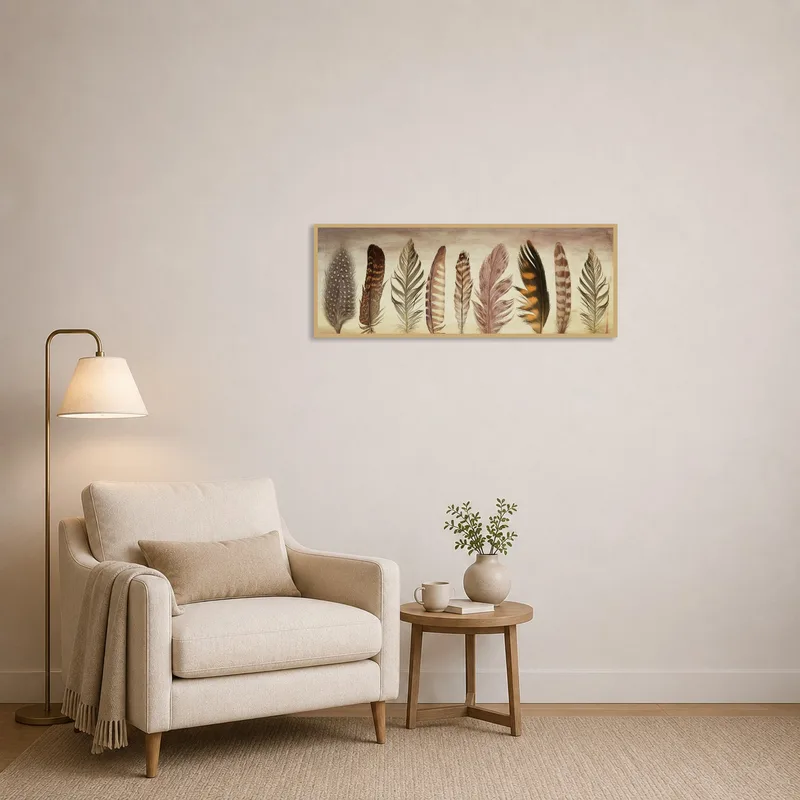 Feathers art piece provides a serene backdrop in a cozy reading corner with books.