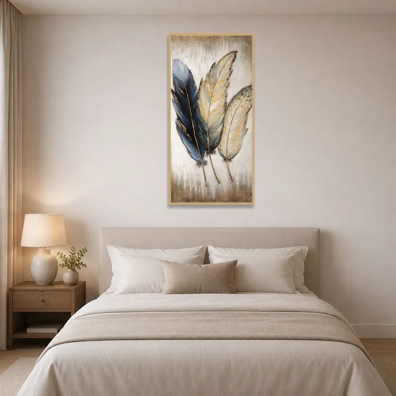 Elegant Feathers piece brings soothing vibes to a tranquil bedroom.