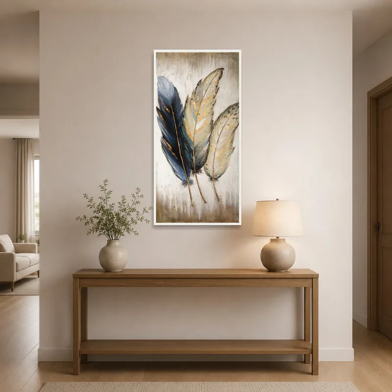 Vertical Elegant Feathers artwork styled in the entrance hall.