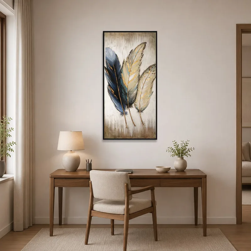 Elegant Feathers art piece completes the serene home office space.