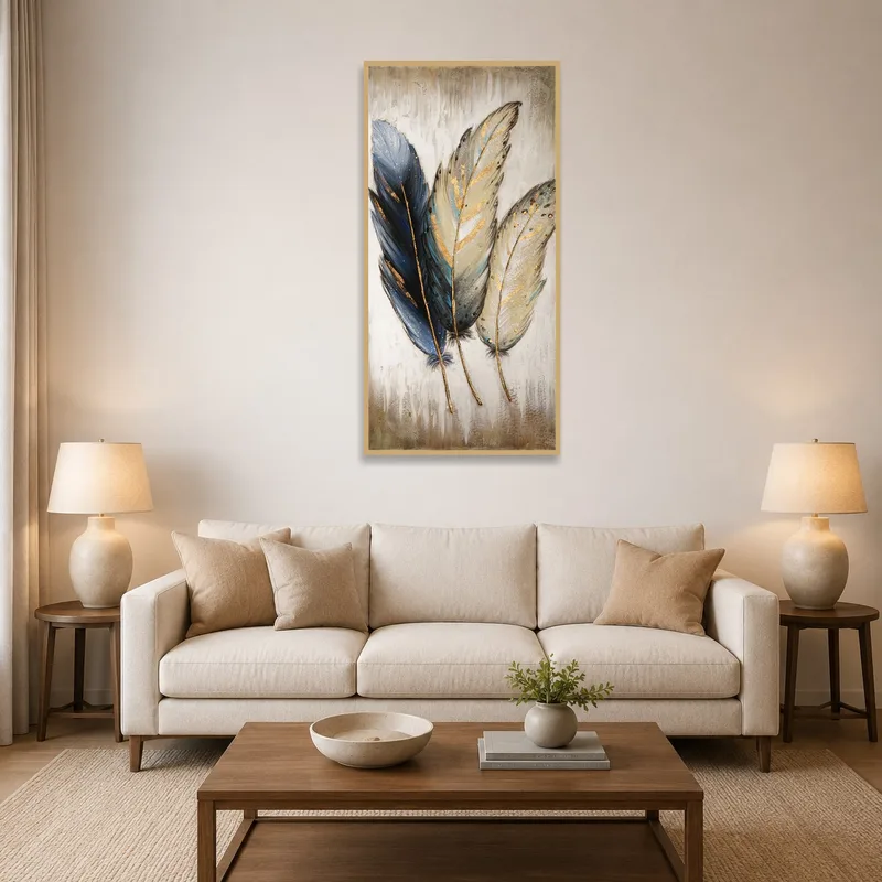 Elegant Feathers art piece enhances the living room above a cozy sofa.