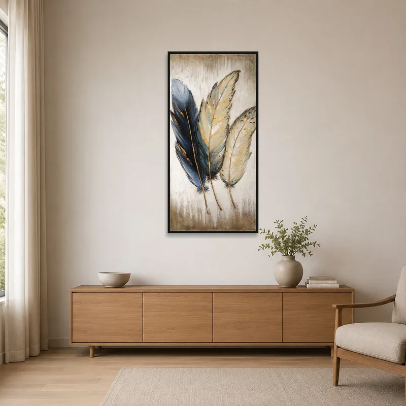 Sleek Elegant Feathers artwork on a minimalist white wall setting.