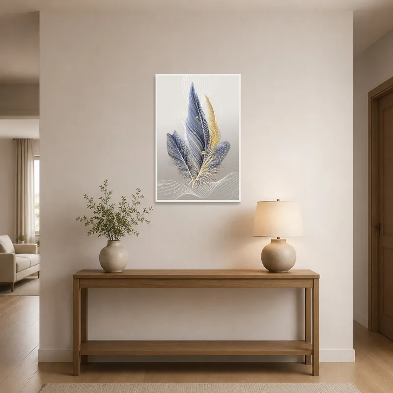 Gold feather art print creating a welcoming entrance hall atmosphere.
