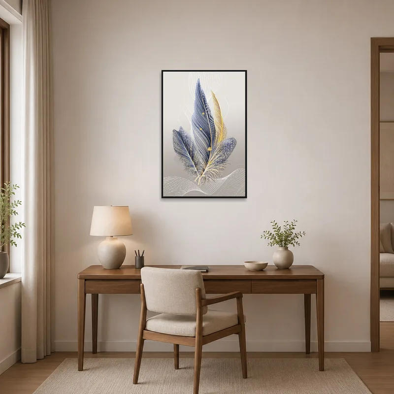 Feathery gold-accented art print enhancing a stylish home office.