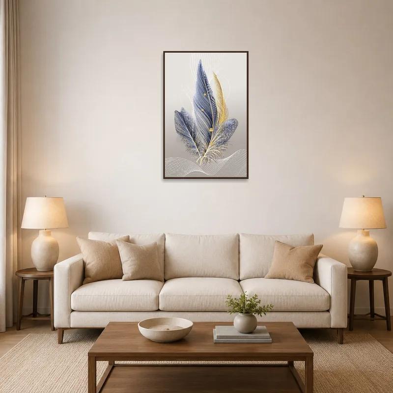 Art print with gold-accented feathers above a modern living room sofa.