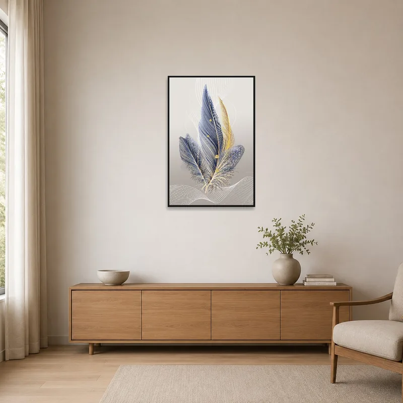Sleek feather art print adorning a minimalist wall space.