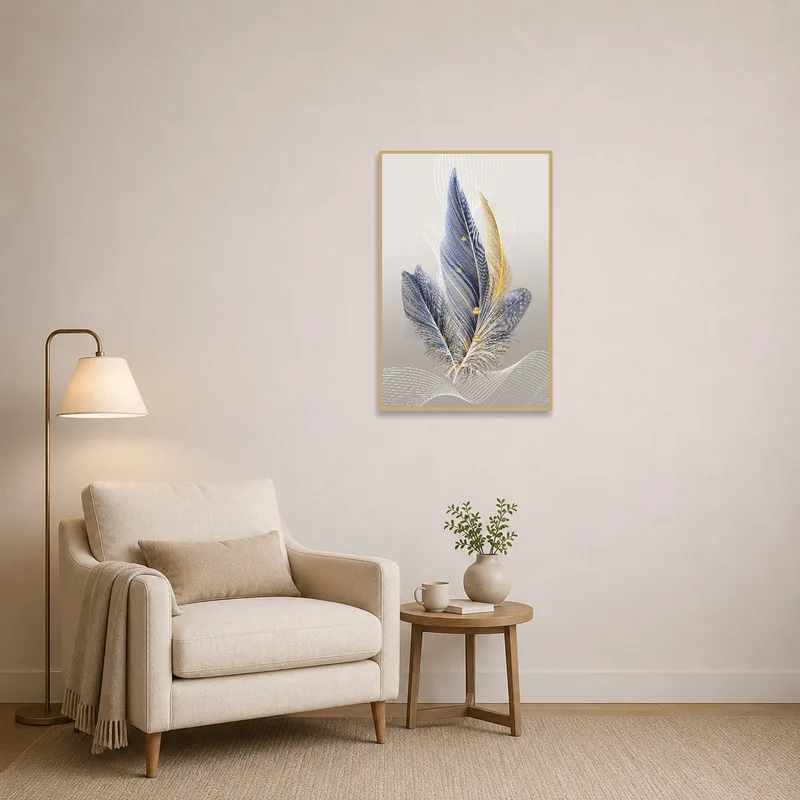 Feather-themed art print adding elegance to a cozy reading corner.