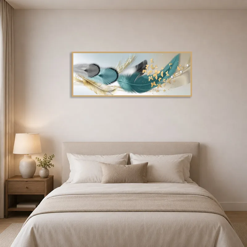 Elegant Feathers piece brings serene gold and teal tones to the bedroom, enhancing tranquil vibes.