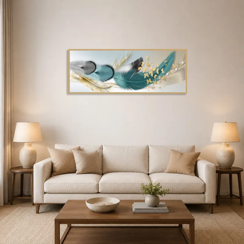 Elegant Feathers artwork with gold and teal hues graces the living room wall above a sleek sofa.