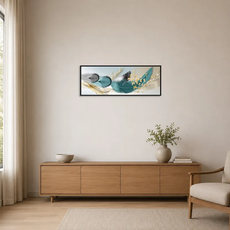 Gold and teal feather art adds subtle elegance to a minimalist room with crisp, clean lines.