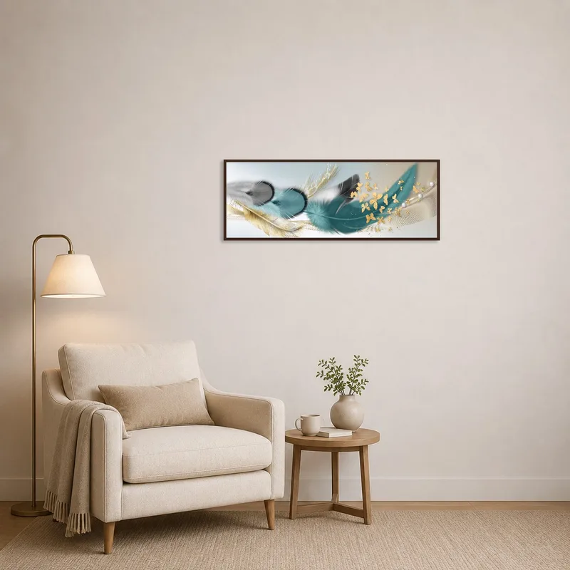 Reading corner enhanced by Elegant Feathers art, complementing a cozy armchair and soft lighting.