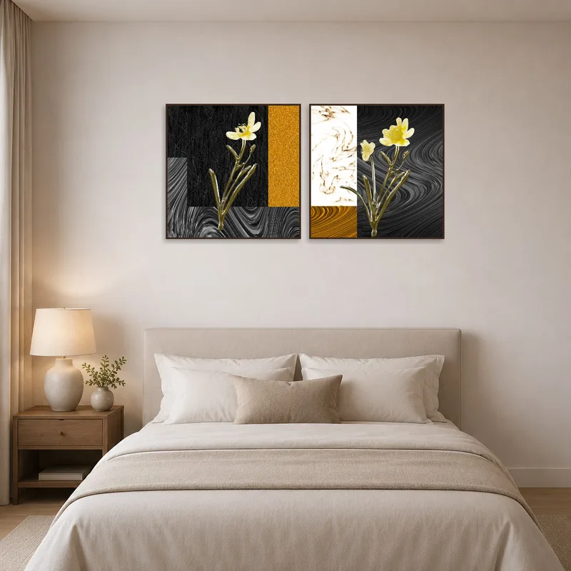 Golden floral abstract art enhances the tranquility of a bedroom atmosphere.