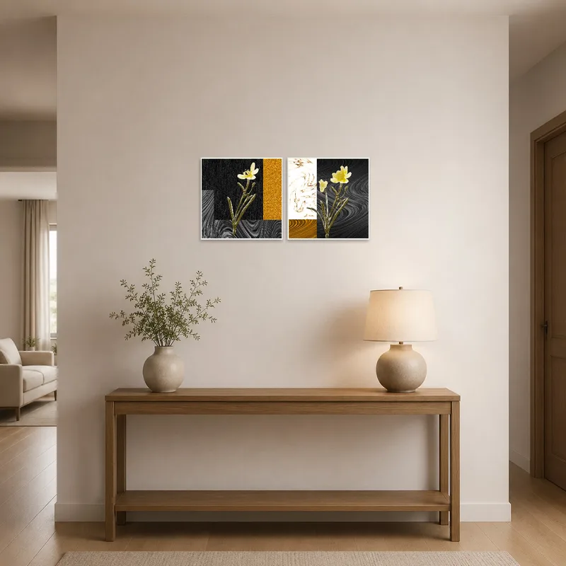 Floral abstract set with golden accents welcomes guests in an elegant entrance hall.