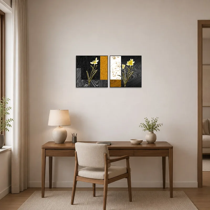 Sophisticated floral abstract art set inspires creativity in a home office.