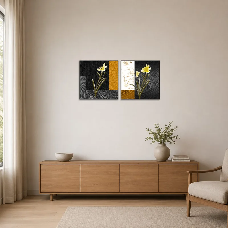 Golden hued floral abstract art complements a minimalist room interior.