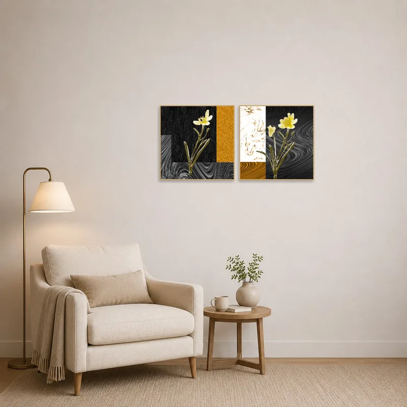 Elegant floral abstract artwork adds warmth to a cozy reading corner.