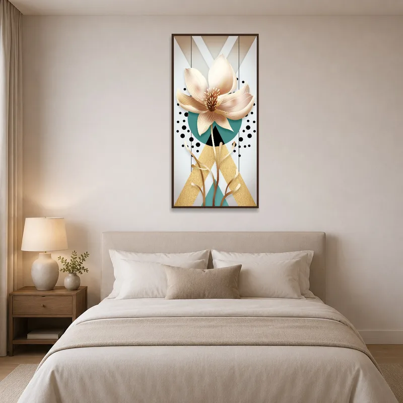 Elegant floral abstract with geometric accents in a peaceful bedroom.